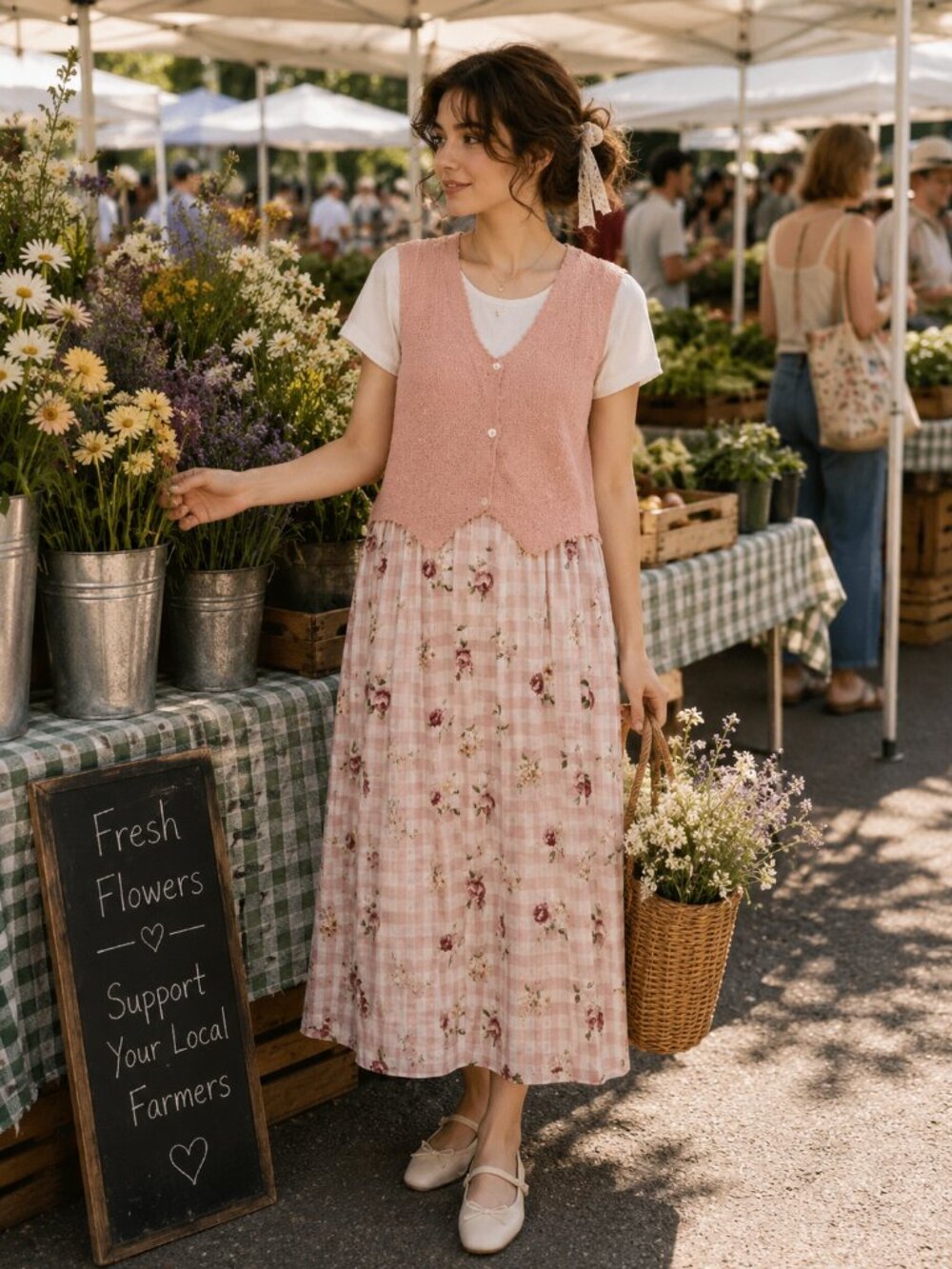 Betsey Things Petites Cottagecore Gingham Floral Layered Prairie Style Dress